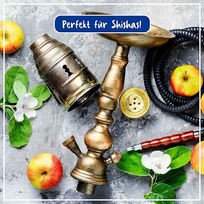 Poliboy Pflegemittel Messing und Kupfer - 200 ml, Flasche - Nahaufnahme einer Shisha mit Äpfeln und Blüten auf einem grauen Hintergrund. Perfekt für Shisha-Liebhaber.