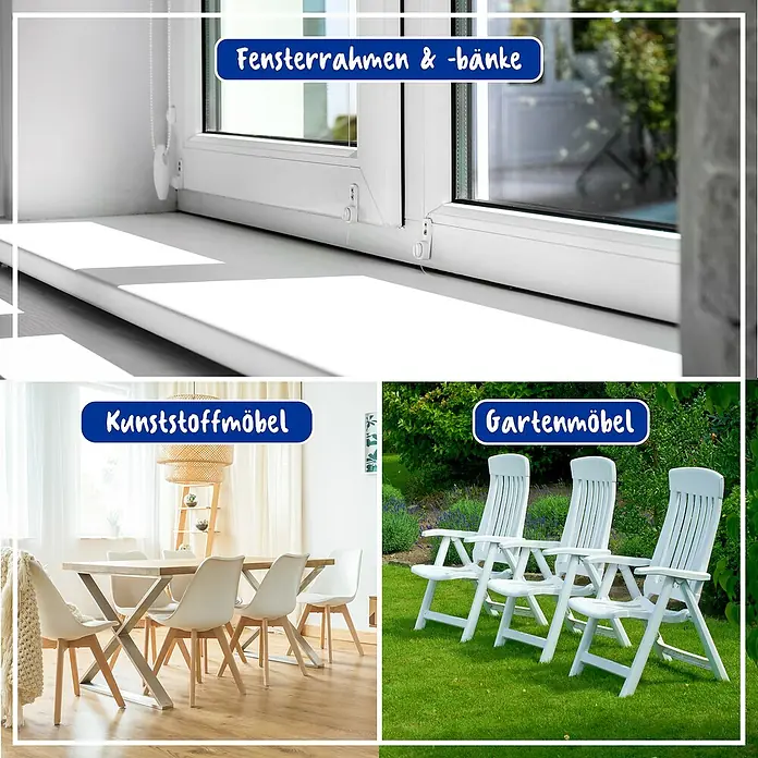 Poliboy Kunststoff-Reiniger - 500 ml, Flasche mit Sprühkopf - Dieses Bild zeigt eine Auswahl an Kunststoffprodukten, darunter Fensterrahmen, Gartenmöbel und Möbel für den Innenbereich.