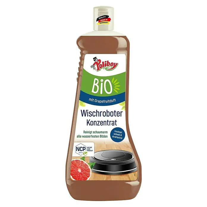 Poliboy Bio Reinigungskonzentrat für Wischroboter - 1 l, Flasche - Abbildung einer Flasche Poliboy Bio Wischroboter Konzentrat mit Grapefruitduft, einem Reinigungsmittel für Wischroboter.