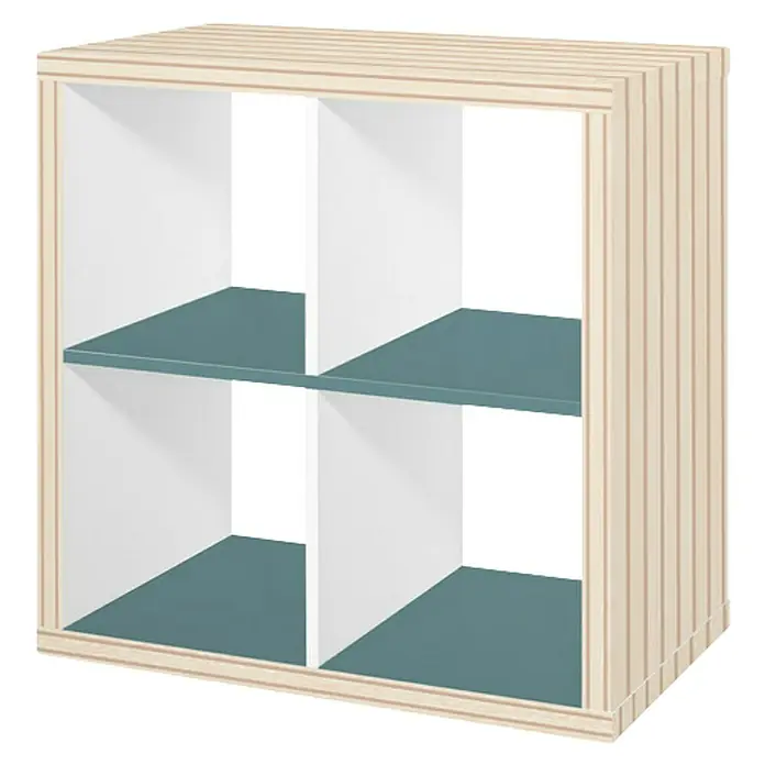 D-c-fix Klebefolie Kreativ-Kit - 3 Stk., 2 m x 67,5 cm, Wooden Slats/Uni Seidenmatt Mallard Green, Selbstklebend - Vierfach-Regal mit hellholzfarbenem Rahmen, weißen Trennwänden und petrolfarbenen Böden. Ideal für jedes moderne Zuhause.