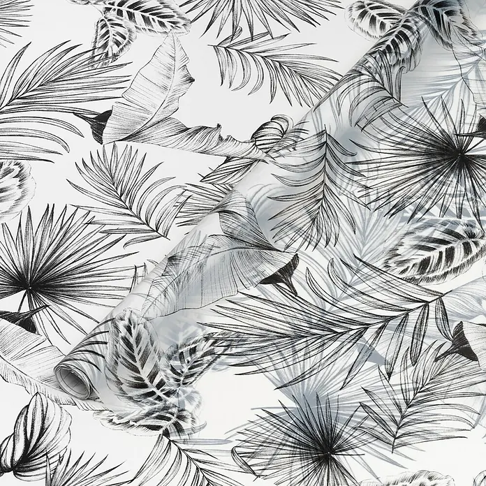 D-c-fix Static Glasfolie Botanicals - 150 x 45 cm, Transluzent, Statisch haftend - Eine Rolle trendige Tapete mit einem eleganten, schwarz-weißen Palmenmuster für ein stilvolles Raumambiente.