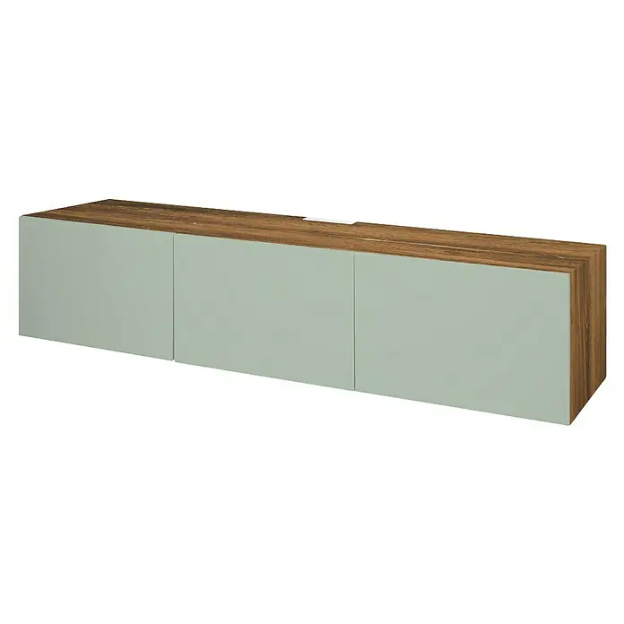 D-c-fix Klebefolie Kreativ-Kit - 3 Stk., 2 m x 67,5 cm, Flagstaff Oak/Uni Seidenmatt Sage Green, Selbstklebend - Dieses Bild zeigt eine moderne Hängevitrine mit drei Fächern, die durch ein Holzfinish auf der Oberseite und an den Seiten ergänzt werden.