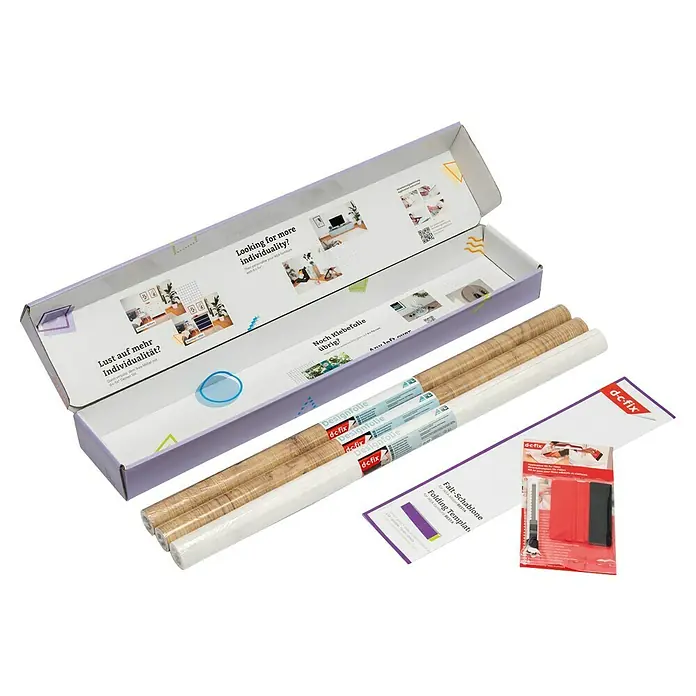 D-c-fix Klebefolie Kreativ-Kit - 3 Stk., 2 m x 67,5 cm, Ribbeck Oak/Concrete White, Selbstklebend - Produktansicht: d-c-fix Designfolien, eine Faltschablone und ein Applikationsset für eine individuelle Möbelgestaltung.