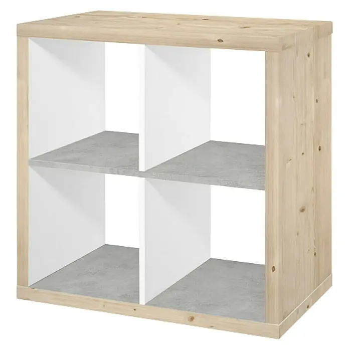 D-c-fix Klebefolie Kreativ-Kit - 3 Stk., 2 m x 67,5 cm, Jura Pine/Concrete, Selbstklebend - Holzregal mit vier Fächern. Das Regal ist aus hellem Holz gefertigt und verfügt über weiße und graue Einlegeböden.
