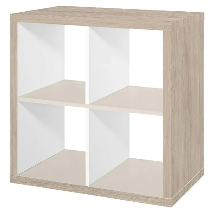 D-c-fix Klebefolie Kreativ-Kit - 3 Stk., 2 m x 67,5 cm, Santana Oak Kalk/Uni Seidenmatt Sand, Selbstklebend - Vielseitiges Bücherregal mit vier Fächern und einer hellen Holzstruktur, ideal für Wohn- oder Arbeitsbereich.