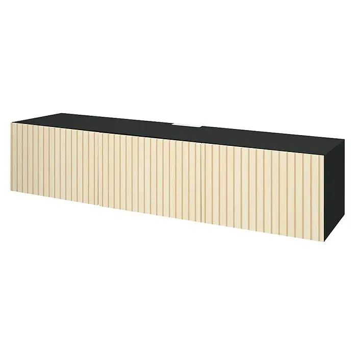 D-c-fix Klebefolie Kreativ-Kit - 3 Stk., 2 m x 67,5 cm, Seidenmatt Schwarz/Wooden Slats, Selbstklebend - Eine moderne, lange Anrichte mit einer schwarzen Oberseite und einer Front mit hellen Holzlatten, die ein stilvolles Design bietet.
