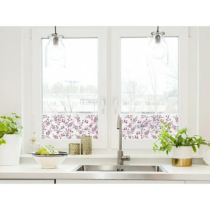D-c-fix Static Glasfolie Cherry - 150 x 20 cm, Transluzent, Statisch haftend - Fensterfolie mit floralem Muster, die Privatsphäre bietet und gleichzeitig Licht hereinlässt, ideal für Küche oder Badezimmer.