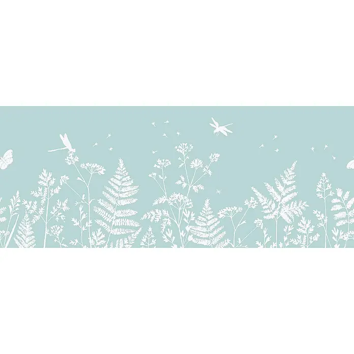D-c-fix Static Glasfolie Meadow - 150 x 20 cm, Transluzent, Statisch haftend - Zartes florales Muster mit weißen Farnen, Schmetterlingen und Libellen auf hellblauem Hintergrund, das eine ruhige und natürliche Atmosphäre schafft.