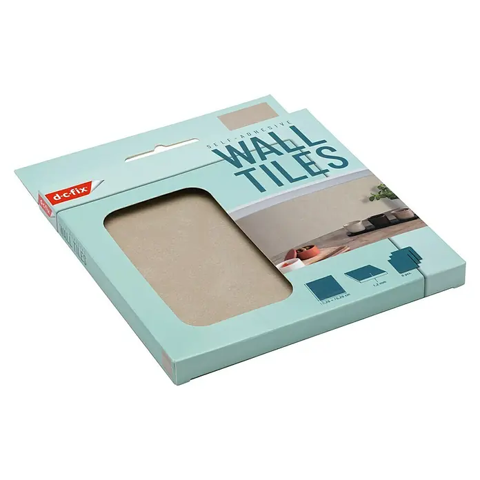 D-c-fix Fliesensticker - 6 Stk., 15 x 15 cm, Beige - Eine Packung d-c-fix selbstklebende Wandfliesen in hellblau mit Sichtfenster, Größenangabe und Stückzahl.