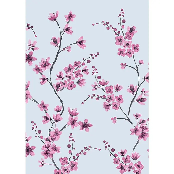 D-c-fix Static Glasfolie Cherry - 150 x 20 cm, Transluzent, Statisch haftend - Zarte Kirschblütenzweige auf hellblauem Grund. Das florale Muster verleiht jedem Raum eine frühlingshafte Atmosphäre und elegante Note.
