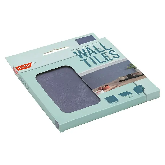 D-c-fix Fliesensticker - 6 Stk., 15 x 15 cm, Zement Blau - Nahaufnahme einer Packung d-c-fix selbstklebender Wandfliesen. Die Packung ist hellblau und zeigt eine Fliese.