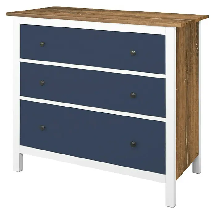 D-c-fix Klebefolie Kreativ-Kit - 3 Stk., 2 m x 67,5 cm, Flagstaff Oak/Uni Seidenmatt Midnight Navy Blue, Selbstklebend - Abbildung einer Kommode mit drei Schubladen. Das Möbelstück hat einen Holzrahmen und marineblaue Schubladen, ideal für die Aufbewahrung.