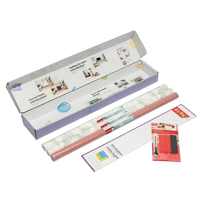 D-c-fix Klebefolie Kreativ-Kit - 3 Stk., 2 m x 67,5 cm, Marmi Grau/Uni Seidenmatt Ash Rose, Selbstklebend - Produktbild von d-c-fix Designfolie, Falt-Schablone und Werkzeugset. Ideal zur individuellen Gestaltung von Möbeln und Wohnräumen.