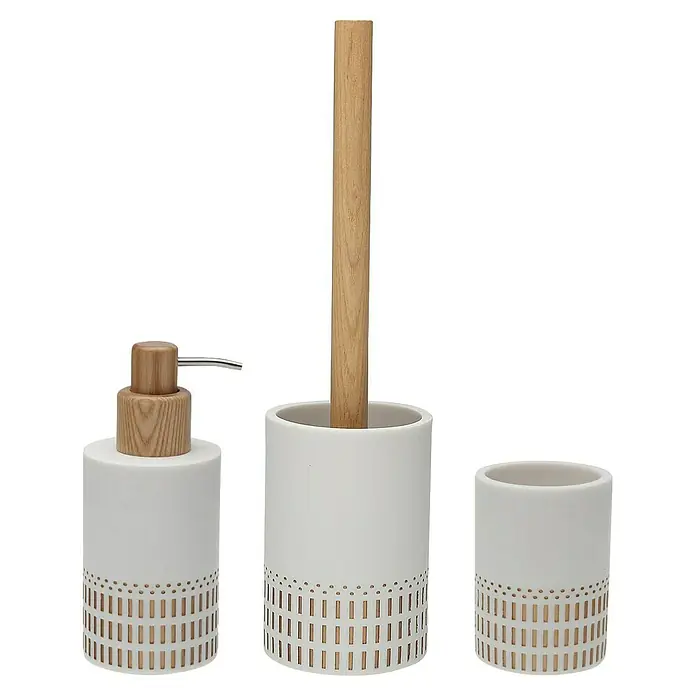 Versa Escobillero de suelo Astrid - Altura: 36 cm, Resina, Blanco y dorado - Juego de baño con dispensador de jabón, portacepillos de dientes y escobillero de cerámica blanca con detalles de madera para un baño elegante.