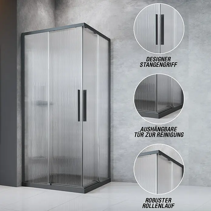 Camargue Eckdusche Tampere - L x B x H: 90 x 90 x 195 cm, Gewelltes Glas, Unbeschichtet, Gunmetal, Glasstärke: 6 mm - Duschkabine mit geriffeltem Glas und schwarzem Rahmen, Details zu Griff, Tür und Rollenlauf.