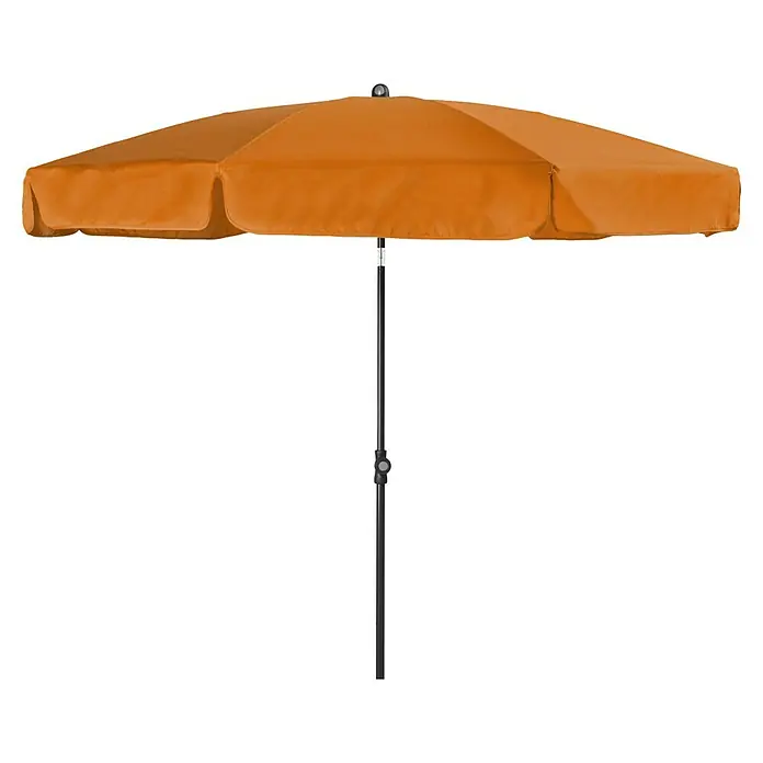 Doppler Sunline Balkonschirm rund Neo - Farbe Bespannung: Umbra, Durchmesser Bespannung: 200 cm - Nahaufnahme eines orangefarbenen Sonnenschirms mit dunklem Rahmen. Perfekt für sonnige Tage im Garten oder auf der Terrasse.