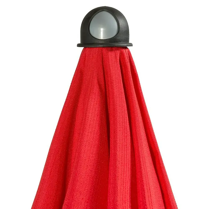 Doppler Sunline Balkonschirm rund Neo - Farbe Bespannung: Rot, Durchmesser Bespannung: 200 cm - Nahaufnahme eines roten Sonnenschirms mit schwarzer Kappe und grauem Detail, ideal für den Garten oder die Terrasse.