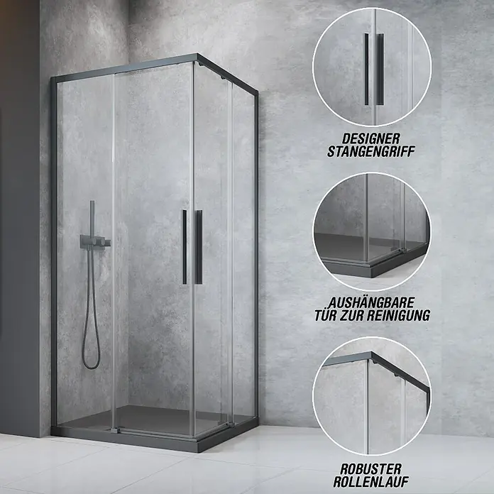 Camargue Eckdusche Tampere - L x B x H: 90 x 90 x 195 cm, Klarglas, Unbeschichtet, Gunmetal, Glasstärke: 6 mm - Duschkabine mit Schiebetüren, schlanken Griffen und robustem Rollensystem für einfache Reinigung und modernen Komfort.