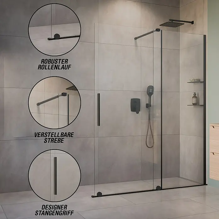Camargue Duschwand Milano - B x H: 120 x 200 cm - Duschkabine mit schwarzem Rahmen und Details, die Robustheit und modernes Design vereinen. Elegante Lösung für jedes Badezimmer.
