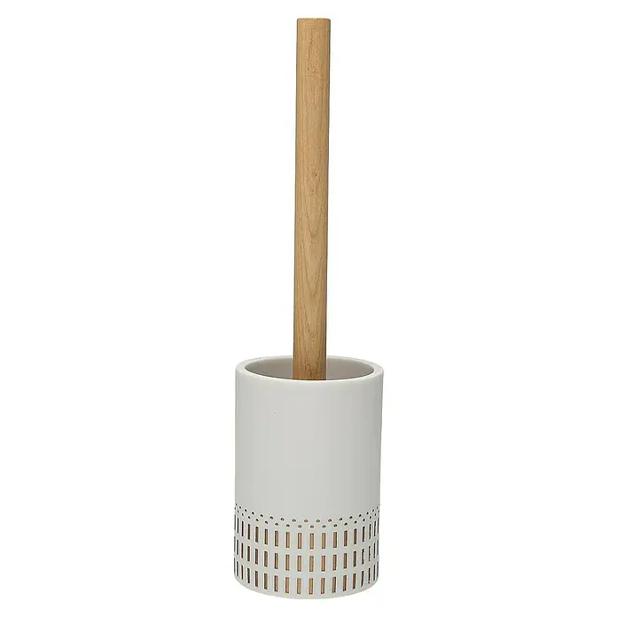 Versa Escobillero de suelo Astrid - Altura: 36 cm, Resina, Blanco y dorado - Un portaescobillas de baño blanco con mango de madera, un accesorio de baño sencillo pero elegante.