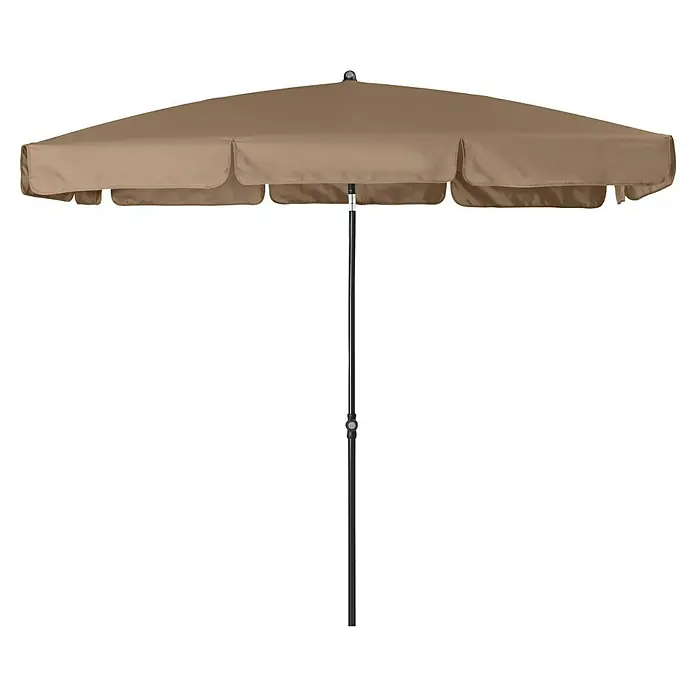 Doppler Sunline Marktschirm Waterproof Neo - Greige, Bespannungsmaß (L x B): 225 x 120 cm - Hier ist ein Bild eines beigen Sonnenschirms mit einem schwarzen Ständer. Der Sonnenschirm hat eine quadratische Form.