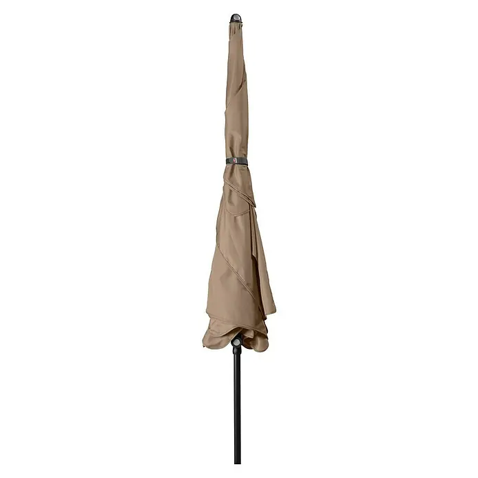 Doppler Sunline Marktschirm Waterproof Neo - Greige, Bespannungsmaß (L x B): 225 x 120 cm - Ein geschlossener, beigefarbener Sonnenschirm mit einem schwarzen Ständer ist zu sehen. Der Schirm ist ordentlich zusammengefaltet und bereit für den Einsatz.