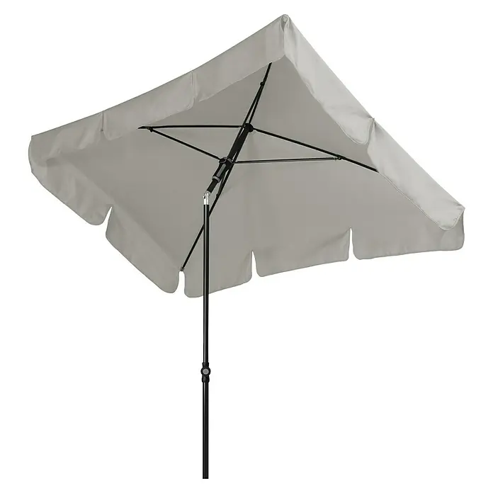 Doppler Sunline Balkonschirm Waterproof Neo - Hellgrau, Bespannungsmaß (L x B): 120 x 225 cm - Nahaufnahme eines hellen, rechteckigen Sonnenschirms mit schwarzem Gestell vor einem schwarzen Hintergrund.