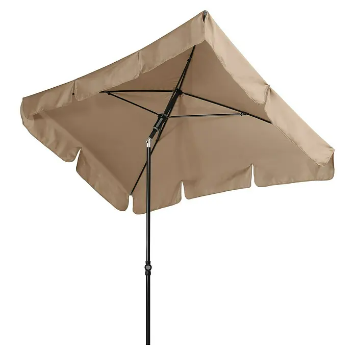 Doppler Sunline Marktschirm Waterproof Neo - Greige, Bespannungsmaß (L x B): 225 x 120 cm - Bild eines geöffneten, quadratischen Sonnenschirms in Beige mit schwarzem Gestell, der Schatten spendet.