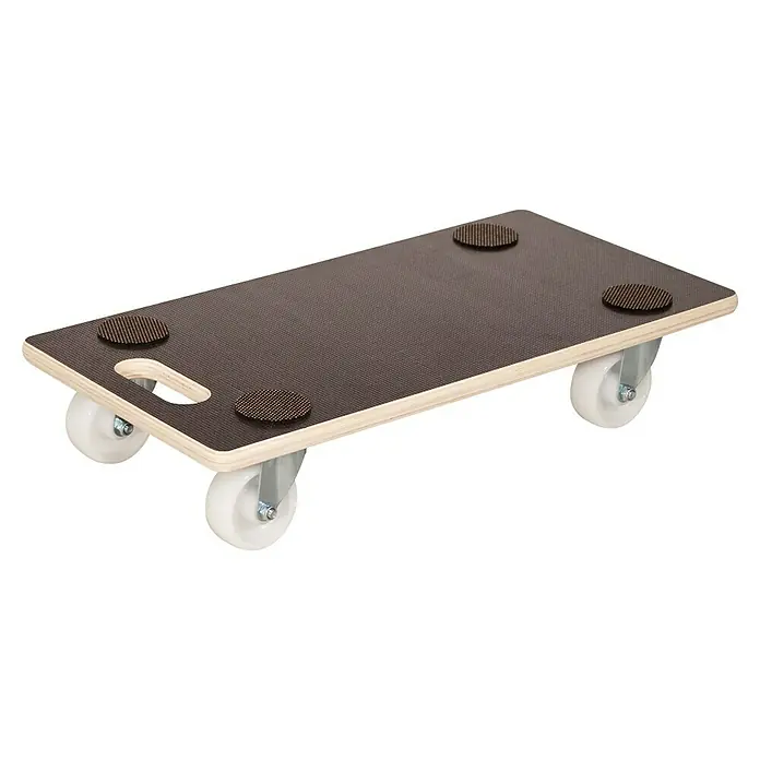 Wagner System Transportroller MM1609 - L x B x H: 57,5 x 29 x 11 cm, Traglast: 250 kg, Holz - Eine Möbelrollplatte mit schwarzer Oberfläche, vier Rollen und Griffloch zum einfachen Transport schwerer Gegenstände.