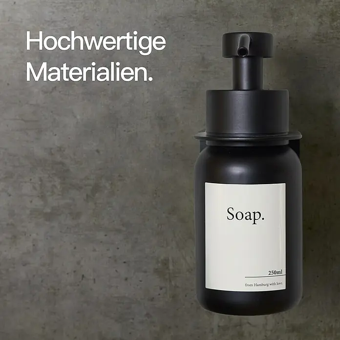 Designfabrik Hamburg Seifenspender - Edelstahl, Schwarz/Schwarz beschichtetes Glas, Wandmontage - Schwarzer Seifenspender mit minimalistischem Design und der Aufschrift "Soap" für hochwertige Badezimmer.
