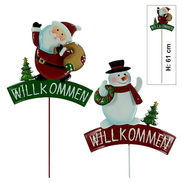 Noor Living Stecker - Metall, Bunt, L x B x H: 19 x 1 x 61 cm - Weihnachtliche Gartendeko: Santa und Schneemann mit "Willkommen"-Schild, festliche Akzente für den Außenbereich.