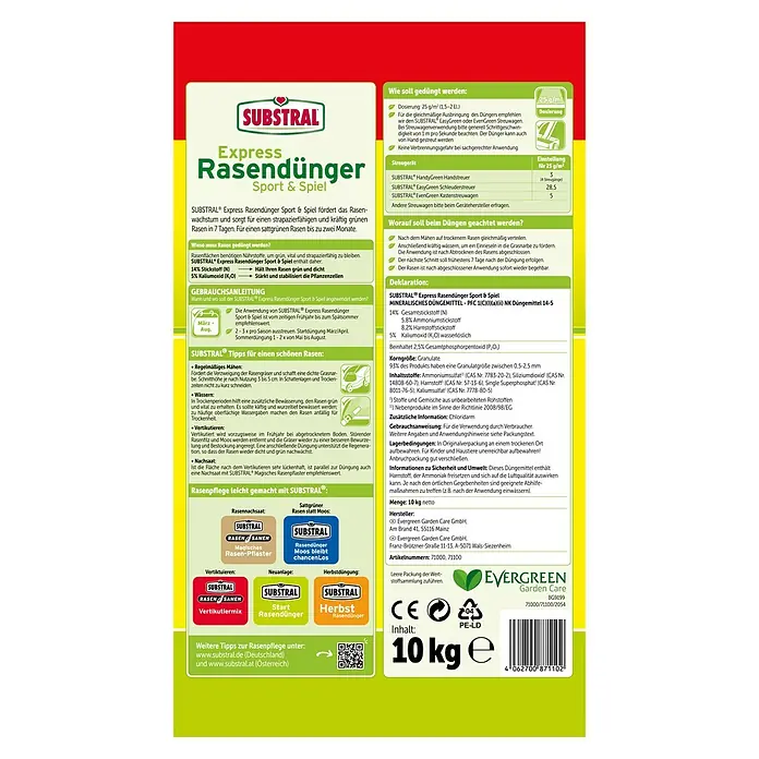 Substral Rasendünger Express Sport & Spiel - 10 kg, Max. Anwendungsfläche: 400 m² - Substral Express Rasendünger Sport & Spiel, ein Dünger für einen strapazierfähigen, kräftig grünen Rasen in 7 Tagen und bis zu zwei Monate sattgrün.