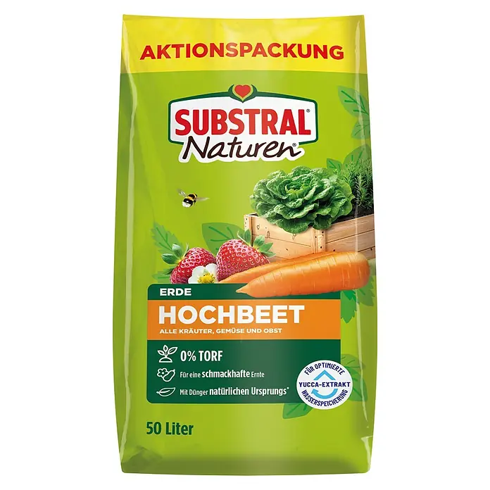 Substral Naturen Hochbeeterde - 50 l - Abbildung einer Substral Naturen Hochbeet-Erde-Verpackung, ideal für Kräuter, Gemüse und Obst. Torffrei und mit natürlichem Dünger für schmackhafte Ernten.
