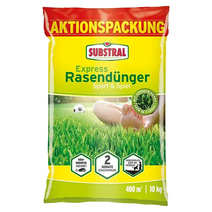 Substral Rasendünger Express Sport & Spiel - 10 kg, Max. Anwendungsfläche: 400 m² - Eine Packung Substral Express Rasendünger Sport & Spiel. Das Produkt ist für Mähroboter geeignet und unbedenklich nach Anwendung.