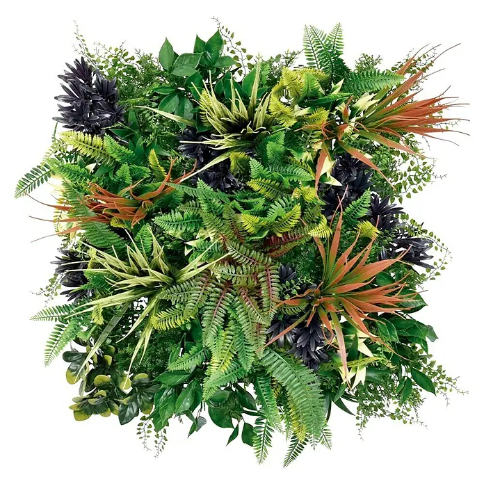Jardín vertical Filipinas - Plástico, L x An: 100 x 100 cm, 1 ud. - Exuberante pared de plantas artificial con varios tonos de verde, helechos y toques de color para una decoración vibrante.