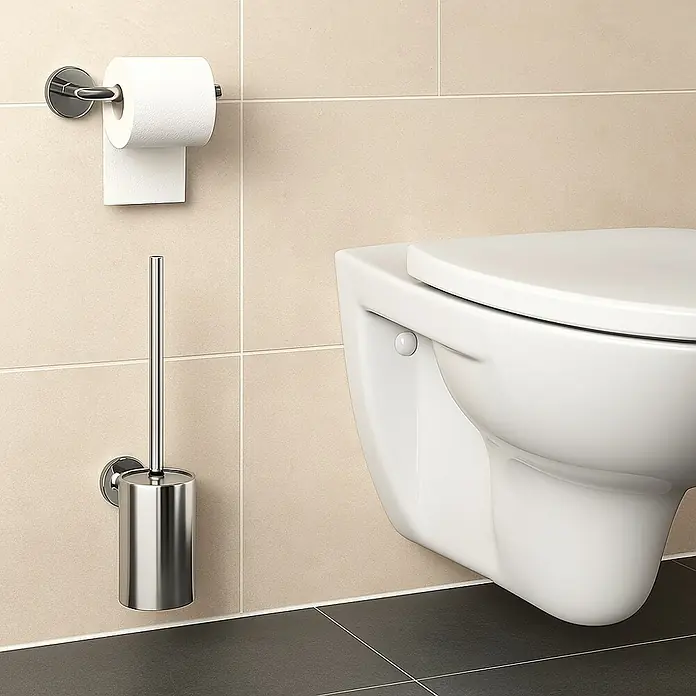 Camargue Carlit Escobillero mural - Altura: 34 cm, Níquel - Inodoro suspendido con portarrollos y escobilla en un baño moderno.
