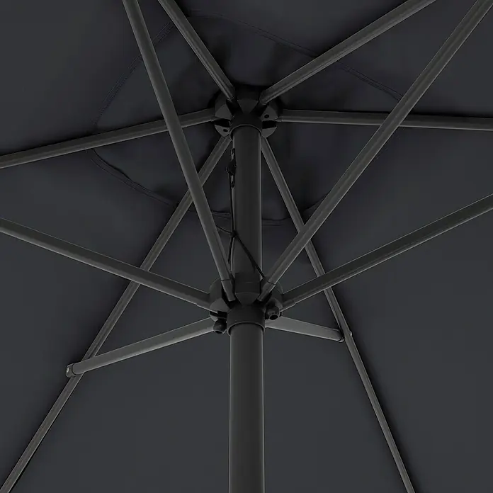 Doppler Balkonschirm Life Lift - Anthrazit, Bespannungsmaß (L x B): 200 x 250 cm - Nahaufnahme eines grauen Sonnenschirms, der das robuste Gestell und das schlichte Design hervorhebt.\n