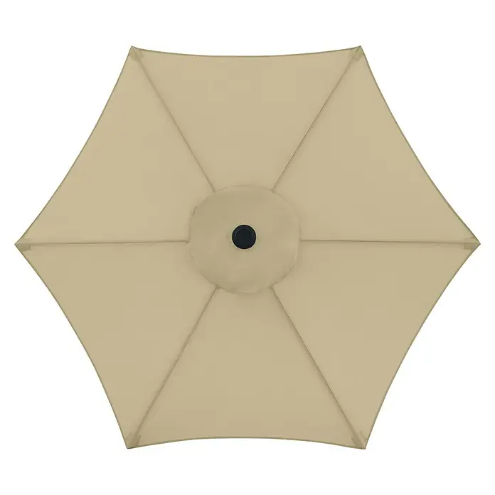 Doppler Balkonschirm rund Life Lift - Sand, Durchmesser Bespannung: 180 cm - Blick von oben auf einen beigen Sonnenschirm mit sechs Paneelen und einer schwarzen Kappe in der Mitte.