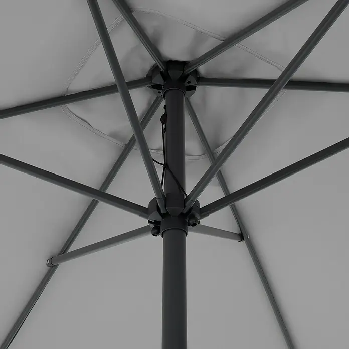 Doppler Balkonschirm Life Lift - Hellgrau, Bespannungsmaß (L x B): 200 x 250 cm - Detailaufnahme eines Sonnenschirms, der die graue Bespannung und das robuste Gestell zeigt. Ideal für den Garten.