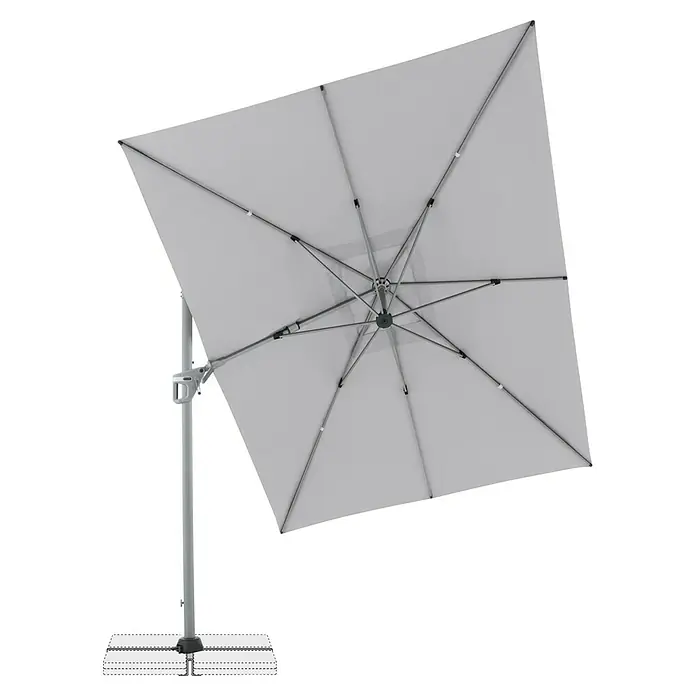 Doppler Ampelschirm Active Neo - Hellgrau, Bespannungsmaß (L x B): 260 x 350 cm - Schirm: Detailansicht des großen, quadratischen Sonnenschirms mit grauem Stoff und Metallgestell. Perfekt für den Garten oder die Terrasse.