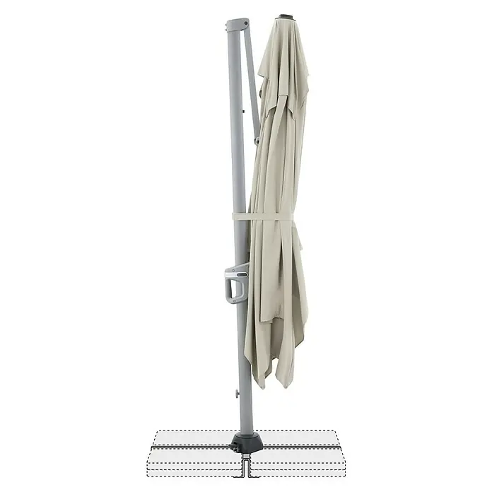 Doppler Ampelschirm Active Neo - Natur, Bespannungsmaß (L x B): 260 x 350 cm - Nahaufnahme eines zusammengeklappten, beigefarbenen Ampelschirmes mit grauem Ständer und Fuß, der auf einem weißen Untergrund steht.