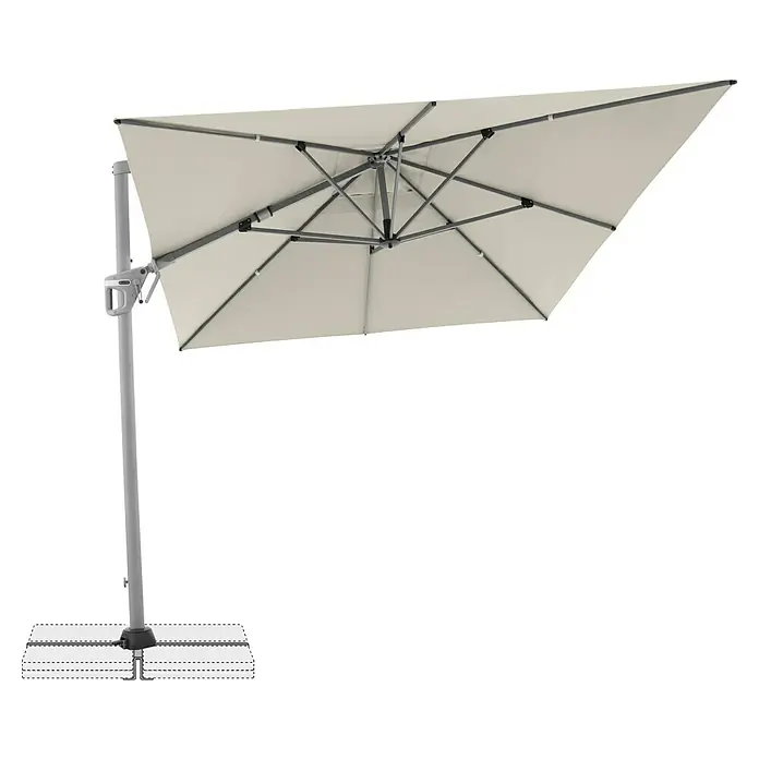 Doppler Ampelschirm Active Neo - Natur, Bespannungsmaß (L x B): 260 x 350 cm - Nahaufnahme eines stilvollen, freistehenden Sonnenschirms in Beige und Grau. Ideal für den Garten oder die Terrasse, spendet Schatten und Schutz vor Sonne.