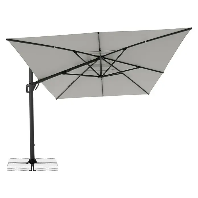 Doppler Ampelschirm Life - Hellgrau, Bespannungsmaß (L x B): 300 x 400 cm - Ein grauer, quadratischer Sonnenschirm mit schwarzem Gestell und stabilem Standfuß bietet angenehmen Schatten.
