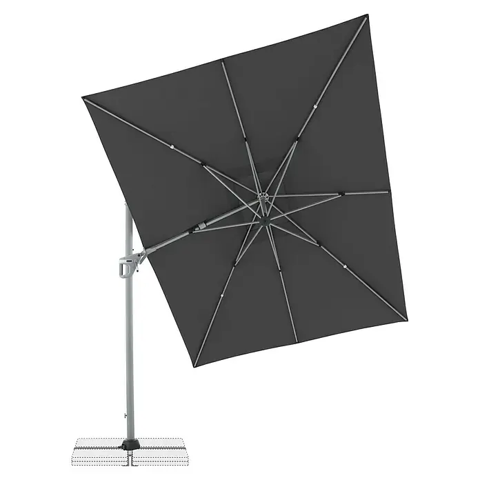 Doppler Ampelschirm Active Neo - Anthrazit, Bespannungsmaß (L x B): 260 x 350 cm - Ein grauer, quadratischer Sonnenschirm steht auf einem grauen Sockel und bietet Schatten vor der Sonne.