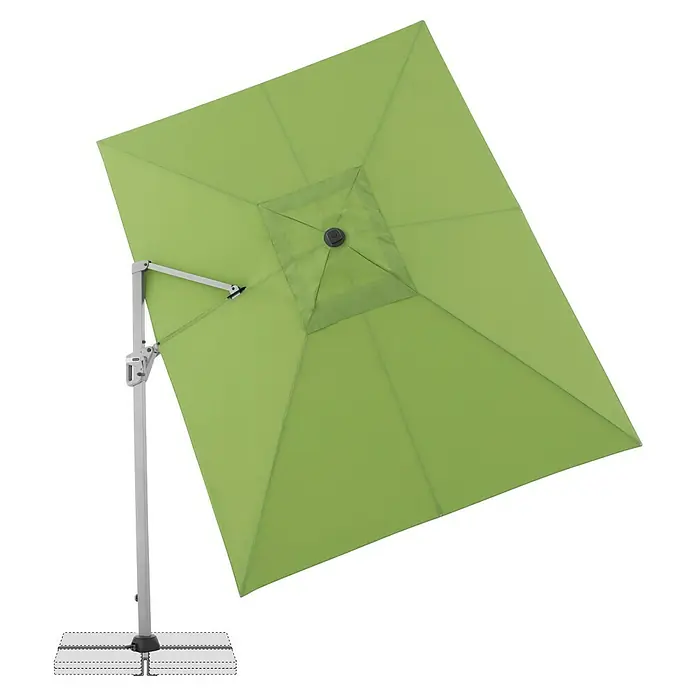 Doppler Ampelschirm Active Neo - Grün, Bespannungsmaß (L x B): 260 x 350 cm - Draufsicht auf einen grünen quadratischen Ampelschirm mit silbernem Gestell und stabilen Sockelplatten für den Außenbereich.