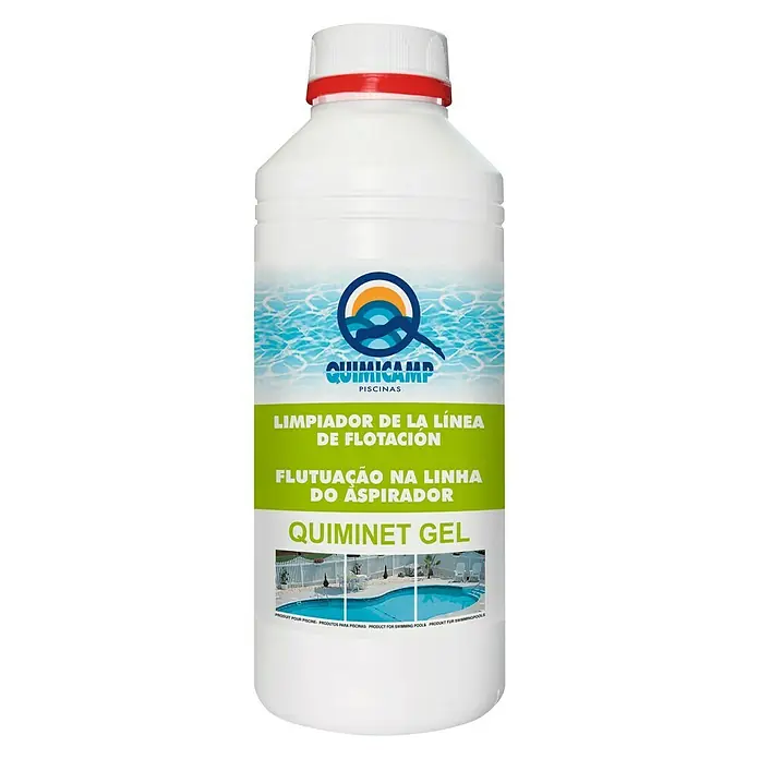 Quimicamp Limpiador en gel de línea de flotación Quiminet - 1.000 ml - Botella de Quimicamp Quiminet Gel, un limpiador de piscinas diseñado para el mantenimiento de la línea de flotación y los accesorios de la piscina.