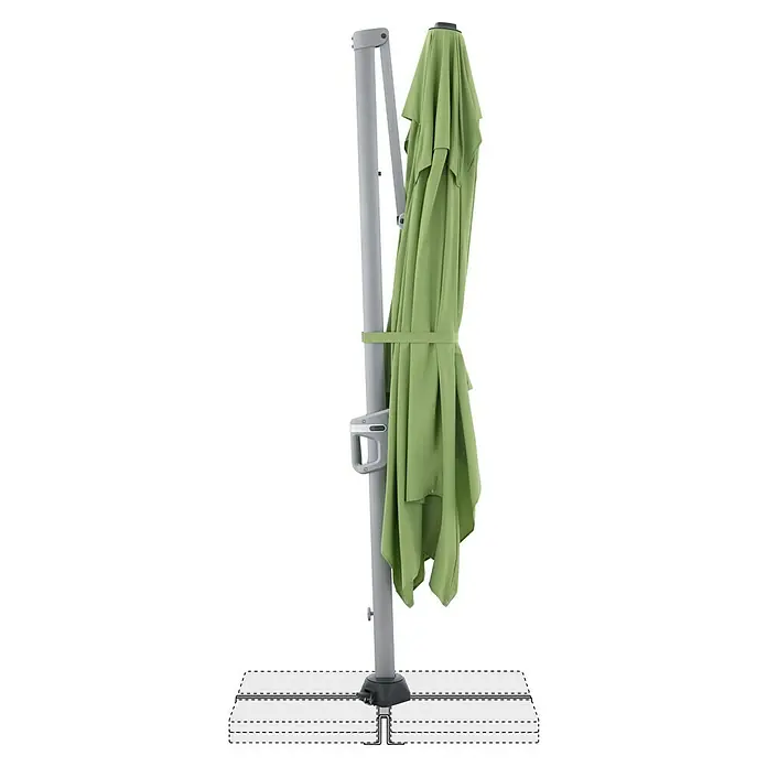 Doppler Ampelschirm Active Neo - Grün, Bespannungsmaß (L x B): 260 x 350 cm - Grauer Terrassenschirm mit hellgrünem Stoff im geschlossenen Zustand, ideal für den Sonnenschutz im Außenbereich.