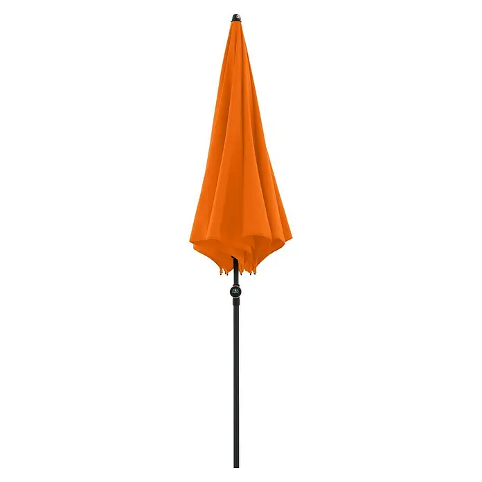 Doppler Balkonschirm rund myZone - Orange, Durchmesser Bespannung: 200 cm - Ein geschlossener, orangefarbener Sonnenschirm mit einem schlanken, schwarzen Ständer. Das Bild betont das leuchtende Farbschema des Sonnenschirms.