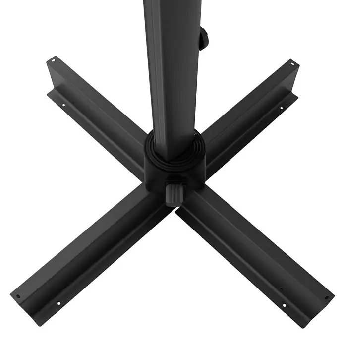 Doppler Ampelschirm Life - Anthrazit, Bespannungsmaß (L x B): 300 x 400 cm - Bild einer schwarzen, kreuzförmigen Sonnenschirmbasis mit einem aufrechten Mast. Robuste und stabile Konstruktion für den Außenbereich.