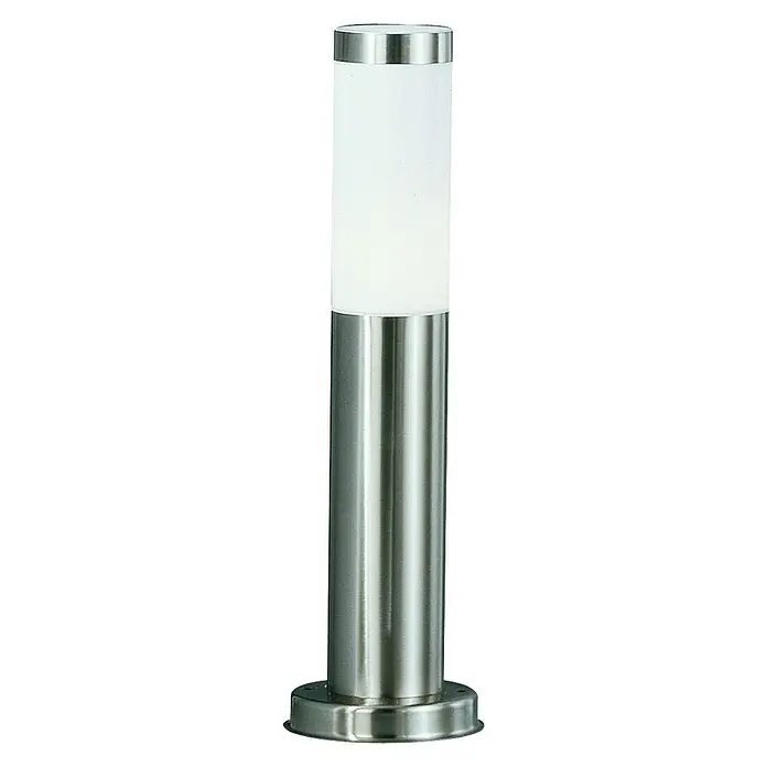Globo Boston Sobremuro exterior 45 - 60 W, Color del marco: Plateado, 12,7 x 12,7 x 45 cm, Sin bombillas - Imagen de una moderna farola de acero inoxidable con una pantalla cilíndrica esmerilada para uso exterior.